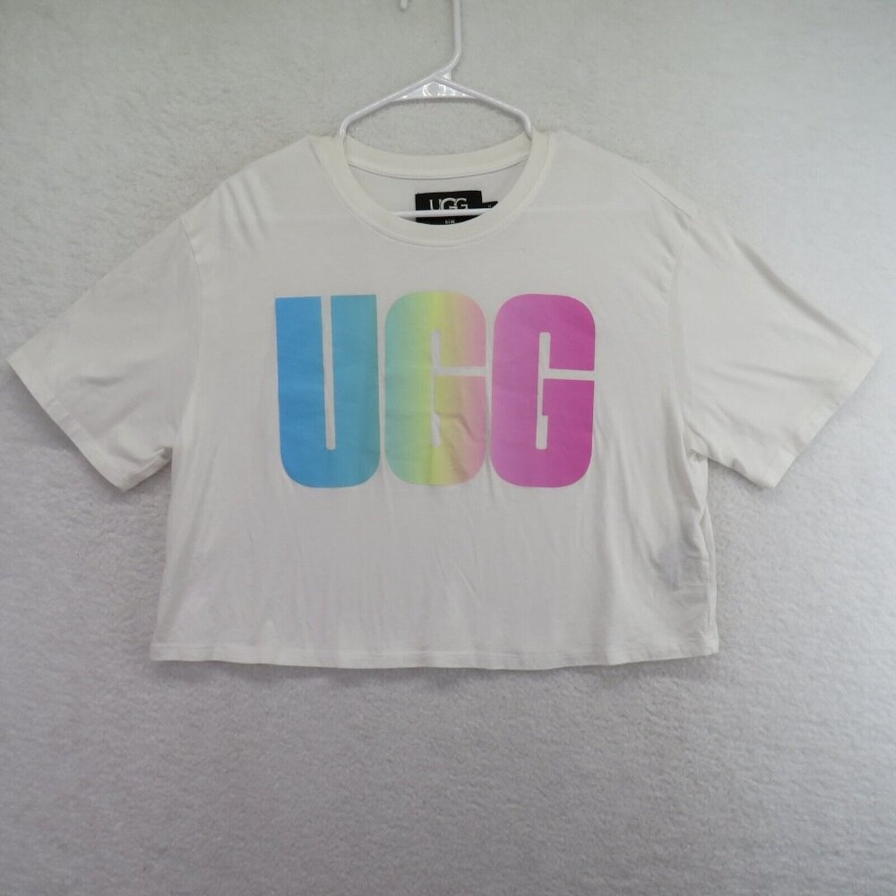 UGG T Shirt Womens Size Medium‎ White Cropped Short Sleeve Pastel Spellout Logo